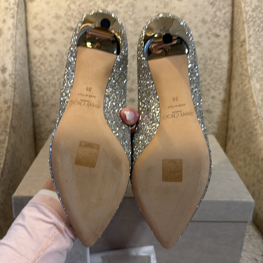 Jimmy Choo Romy 85 Champagne Coarse Glitter Fabric Pointy Toe Pumps Size 39 (9) - Picture 9 of 9